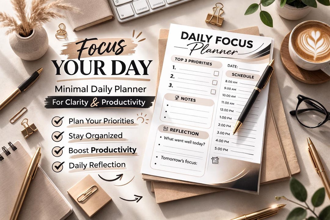 Daily Focus Lettering Daily Focus Planner Printable, Minimal Productivity Planner, Organize ...