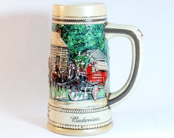 Vintage Breweriana ~ Beer Stein ~ Budweiser ~ Clydesdales ~ 1980's ~ Grant's Cabin