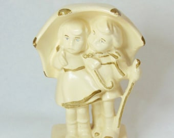 Vintage 1940s Coventry Ware Figurine Little Boy & Girl Walking Under Umbrella
