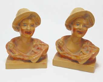 Stylish Chalkware  Bookends with 1940&#39;s Ladies (Ca. 1940&#39;s)
