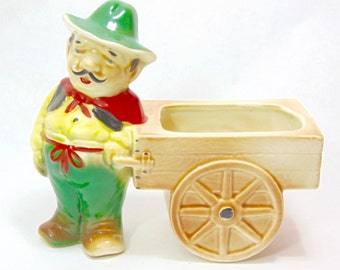 Collectible Figural Flower Planter Italian Man W/ Cart (Ca. 1950's)