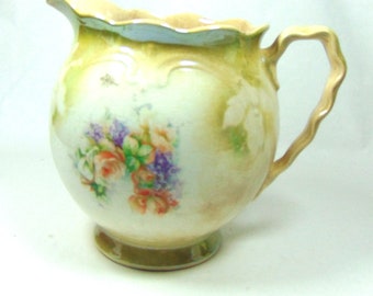 Antique Floral Water Basin Pitcher, 1900s, Crazed Ceramic, 7x10&quot; Vintage Farmhouse Decor