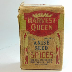 Scatola di cartone per semi di anice regina del raccolto antico (ca. anni '30)