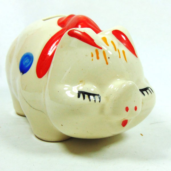 Collectible Stoneware Piggy Bank Polka Dot Pig by American Bisque Co. (Ca. 1930's)