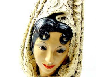 Vintage 1966 Marwall by Brower Chalkware Bust - Spanish Lady with Minor Paint Loss