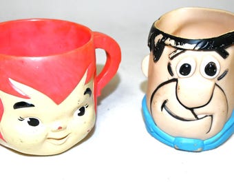 Vintage 1972 Fred and Pebbles Flintstone Vitamins Plastic Advertising Glasses - Retro Collectibles with Paint Loss