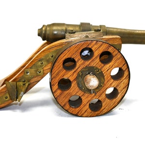 Vintage Handmade Wooden Carriage and Brass Cannon