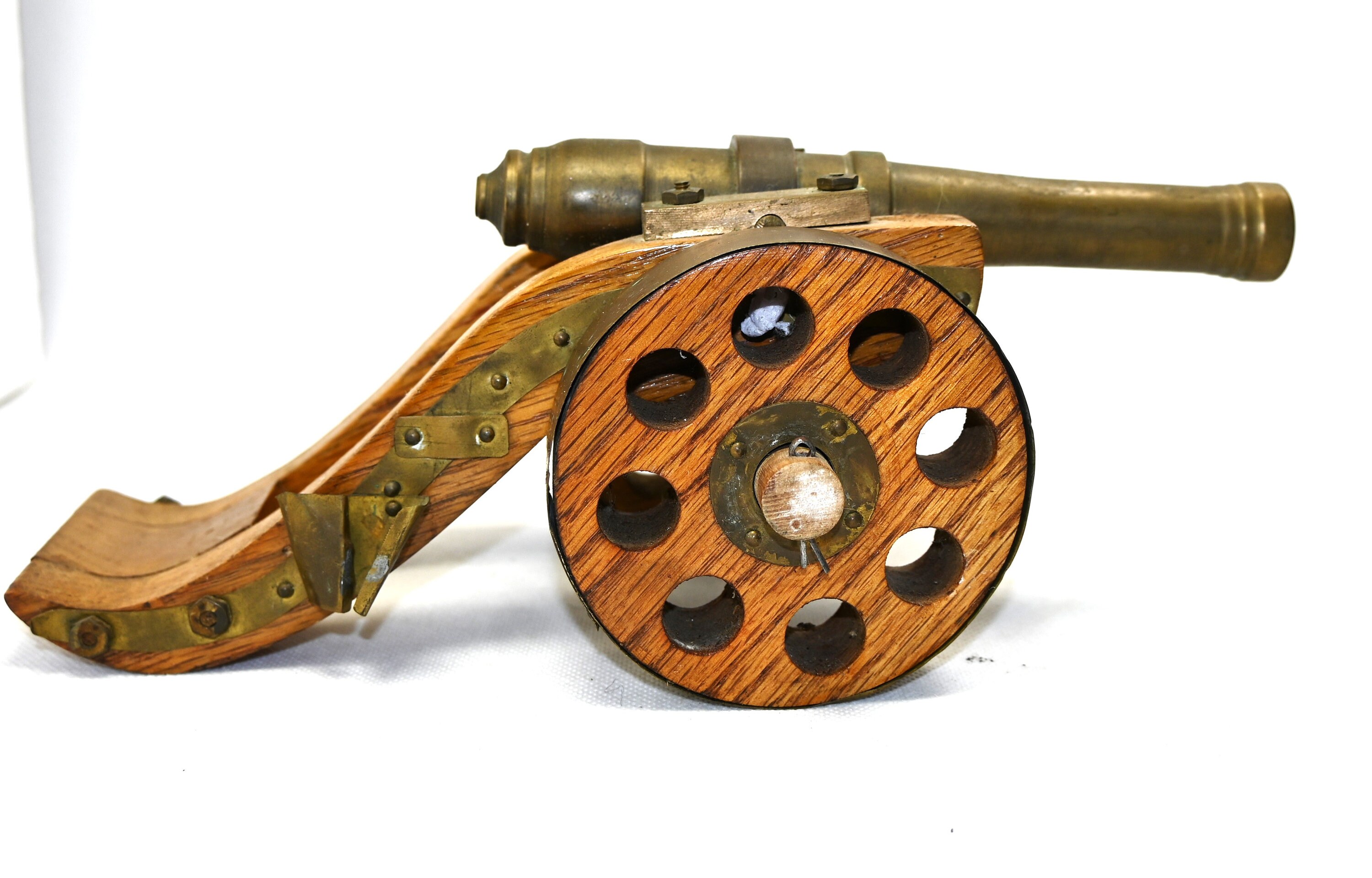Vintage Handmade Wooden Carriage and Brass Cannon