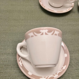 Lot of 4 Syracuse China Restaurantware teacups and saucers - HEAVY DUTY Taupe & White Restaurant Ware