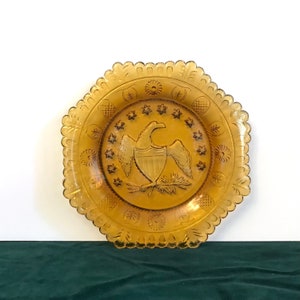 Vintage Amber Glass Octagonal Eagle Plate - Indiana Glass 1776-1976 Bicentennial Patriotic Decor (7.5")