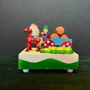 Vintage UCGC Painted Wood Mechanical Moving Musical Toy Figurine - Man on Horse Cart with Beer Barrels - Made in Taiwan - Erzebirge Style