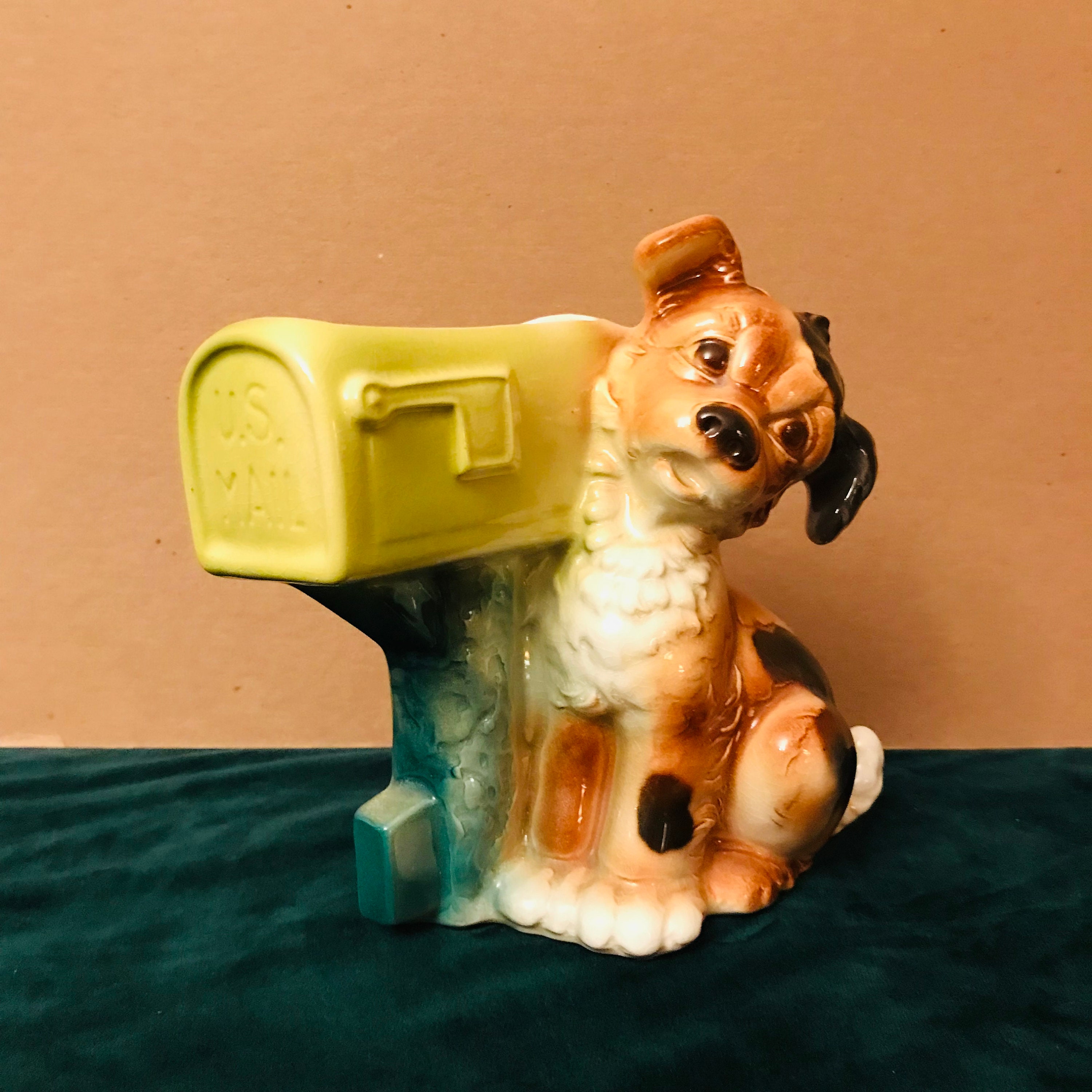 Vintage Royal Copley Ceramic Dog Indoor Planter: Puppy at Mailbox Desk Organizer