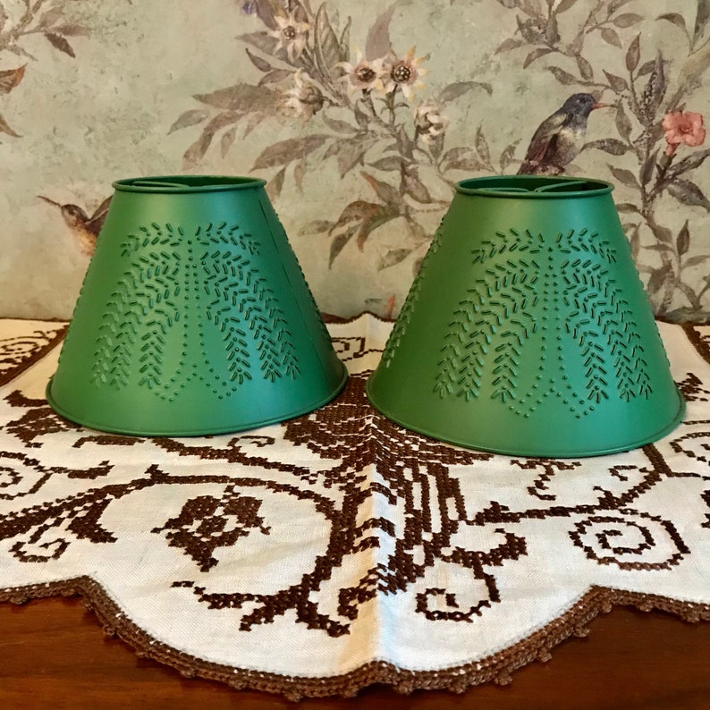 Pair Of 2 Punched Tin Green Willow Tree Lamp Shades Farmhouse Pair Of 2 Punched Tin Green Willow Tree, Punched Tin Light Shades