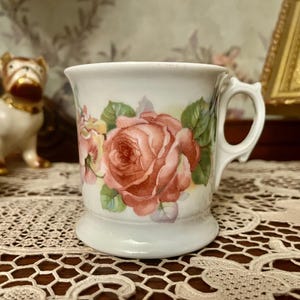 Antique porcelain shaving cup with pink rose floral design - Mug with handle (3.5&quot;)