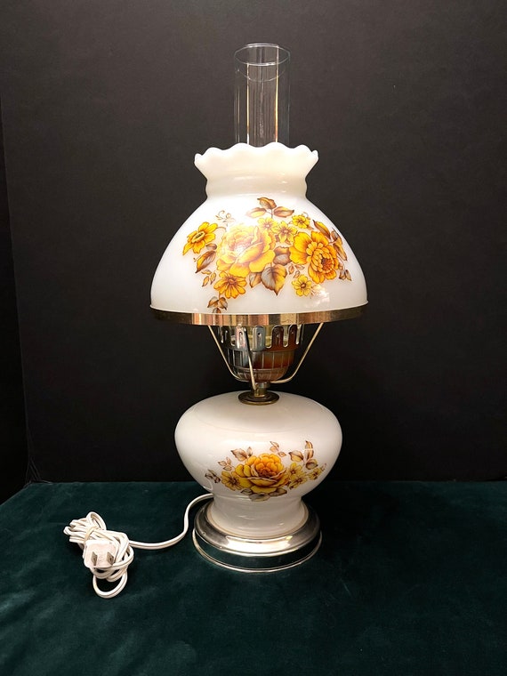 Vintage Midcentury Milk Glass Electric Oil Lamp With Yellow Rose