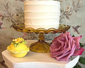 Vintage Anchor Hocking Amber Glass Cake Stand with scalloped edge