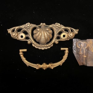 May include: Antique brass drawer pulls and backplate with a seashell design. The set includes a decorative backplate, a curved handle, and screws in a plastic bag. The hardware is set against a black background.