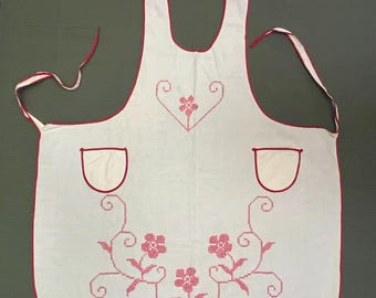 Vintage 1940s Linen White Apron With Red Edging and Pink Floral