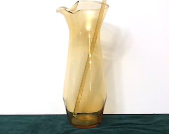 Mid Century Modern 1960s Vintage Light yellow Amber Glass Cocktail Pitcher with Matching Glass Stir Stick - 9.75" tall - atomic vintage bar