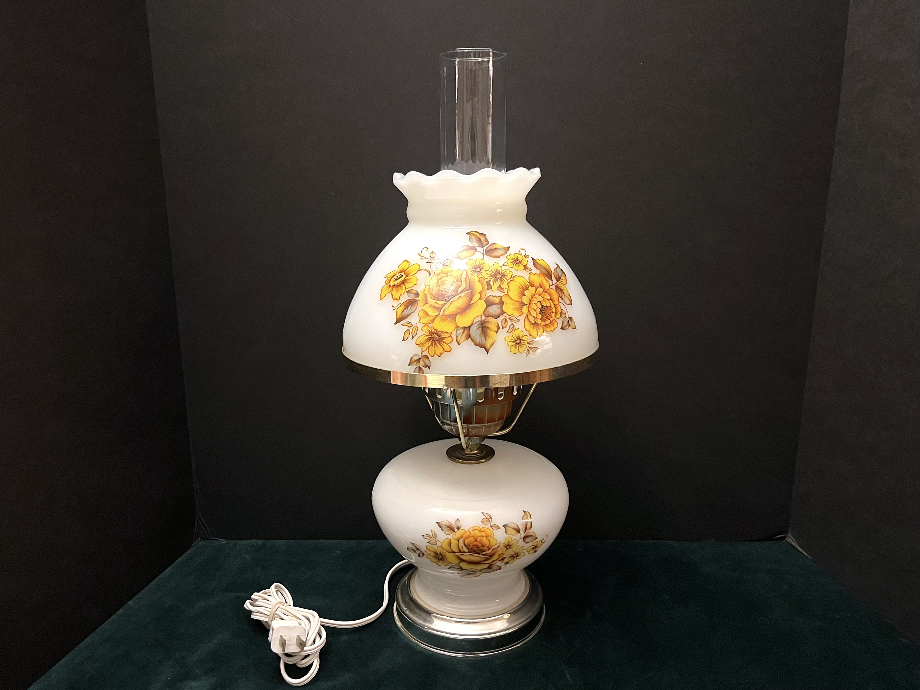 Hurricane Lamp GWTW 21 Parlor Table Lamp Milk Glass Painted & Signed  Catherine Klein Yellow Rose 3 Way Lighting GIM 1972 Accent Table Lamp 