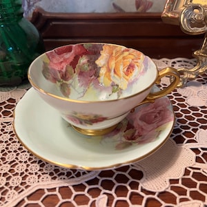 Stanley Rose Teacup & Saucer, Fine Bone China, Made in England, Pink Red and Yellow with Gold Edging