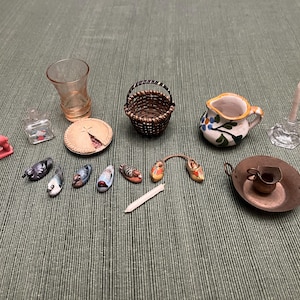 Lot of Assorted Dollhouse Miniatures (ducks, pie, horse, basket, basin, pitcher, candlestick, wooden shoes)