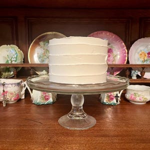 Tall Frosted Clear Jeannette Glass Pedestal Cake Stand / Plate - Molded Glass Wedding Cake Stand, Classical Regency Musical Lyre Harp Design