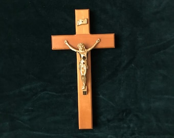 10.5" vintage wooden Crucifix - Christian / Catholic Decor - Gold tone Jesus on the Cross - Holy Cross  - 10.5" x 5.5" x .75"