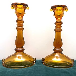Vintage Amber Glass Taper Candlestick Holders - Mid Century Modern Fall Thanksgiving Decor (1960s)
