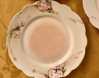 Antique German Bavarian Cake / Bread / Dessert Plate - hand painted pink roses and scalloped edges - 6&quot; - Shabby Chic Porcelain Bone China