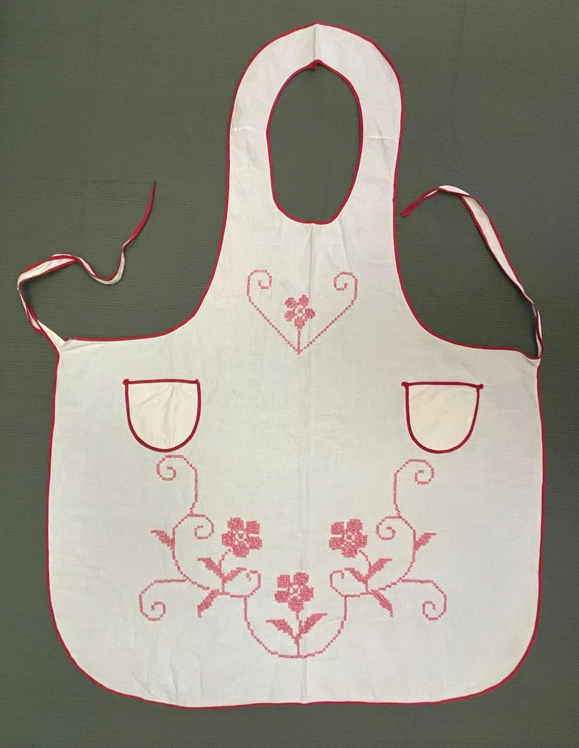 Vintage 1940s Linen White Apron With Red Edging and Pink Floral