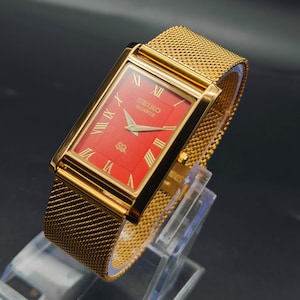 Vintage Seiko Slim Tank Wrist Watch-Rectangular- Roman Numerical- Gold plated Red watch