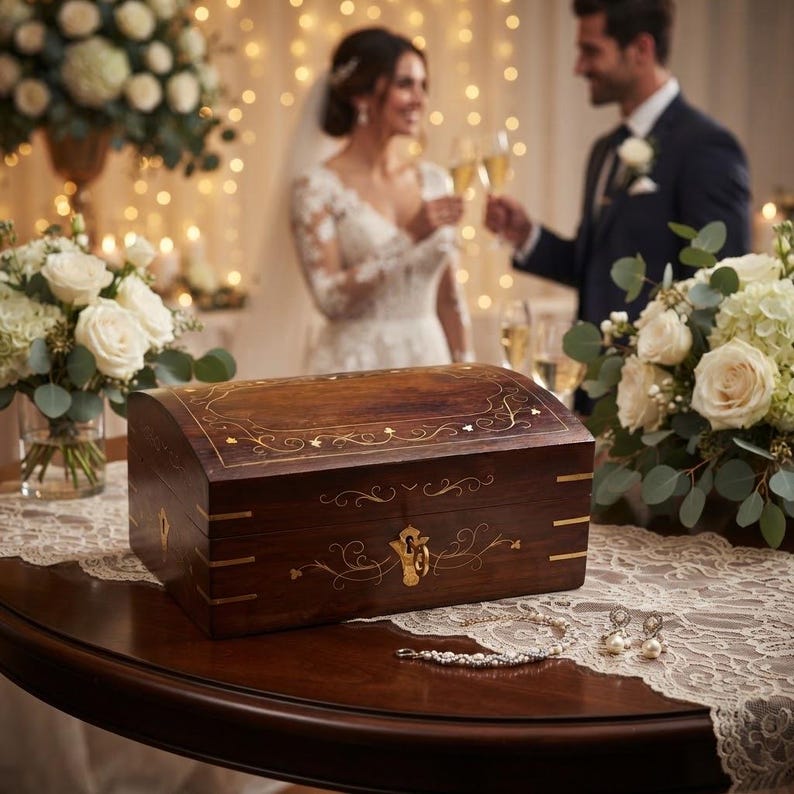 May include: A dark wood keepsake box with a curved lid, featuring gold-toned inlay scrollwork and a central metal keyhole plate. The box is rectangular with brass-colored corner accents and sits on a table with a lace runner and jewelry.
