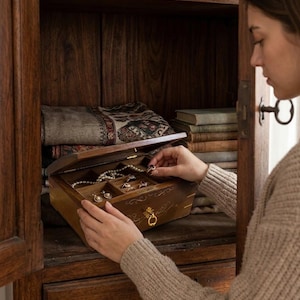 May include: A wooden jewelry box with a hinged lid and gold-toned hardware, featuring internal compartments containing rings and a pearl necklace. The exterior of the box is decorated with delicate gold filigree patterns.
