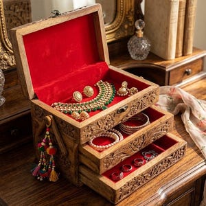 May include: A wooden jewelry box with intricate carvings, featuring a hinged lid and two pull-out drawers. The interior is lined with bright red velvet, holding a gold-tone necklace, earrings, bracelets, and rings. A colorful tassel hangs from the side.