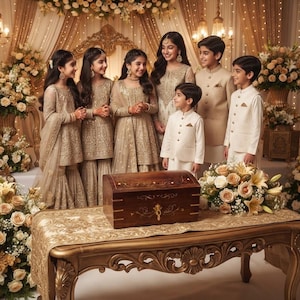 May include: A rectangular wooden chest with gold-toned metal accents and intricate floral engravings sits on a gold-toned table. The chest features a hinged lid and a central latch, positioned in front of a group of children in formal attire.