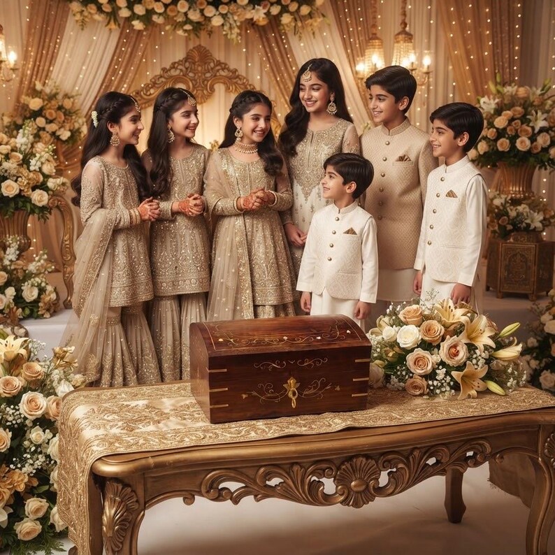May include: A rectangular wooden chest with gold-toned metal accents and intricate floral engravings sits on a gold-toned table. The chest features a hinged lid and a central latch, positioned in front of a group of children in formal attire.