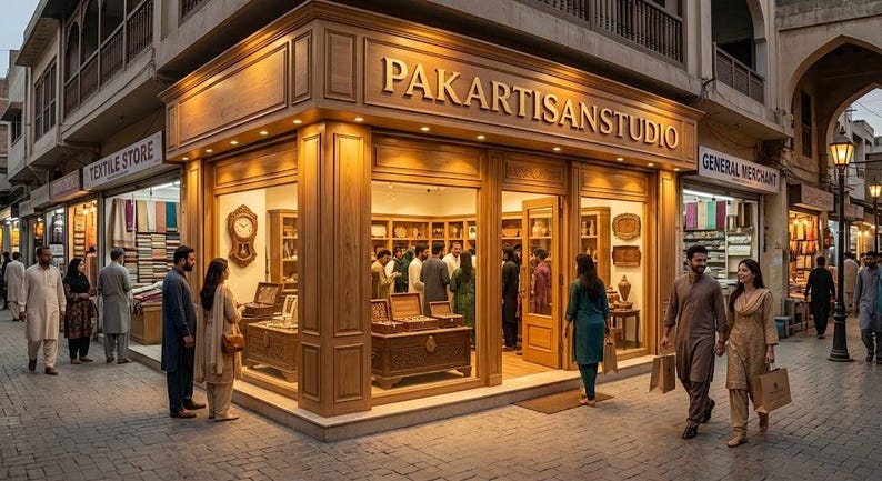 May include: A storefront with a light wood facade and the sign PAKARTISANSTUDIO in gold lettering. The shop features large glass windows displaying wooden chests and interior shelves. People walk along the stone-paved street outside.