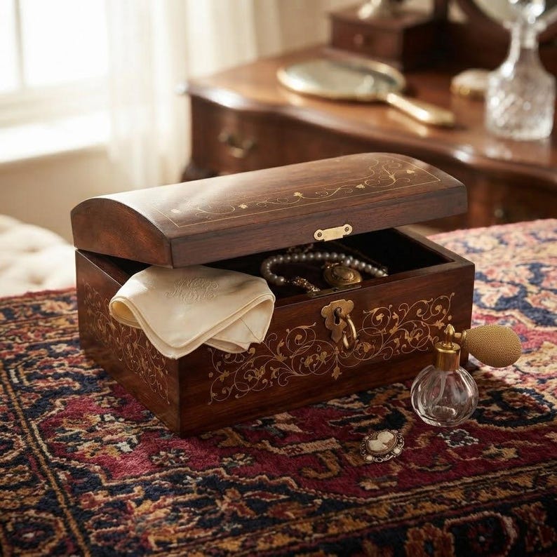 May include: A rectangular dark wood jewelry box with a hinged lid, featuring gold-toned floral inlay patterns. Inside, a folded cream-colored fabric cloth rests alongside a pearl necklace. A glass perfume bottle and a small cameo brooch sit nearby.