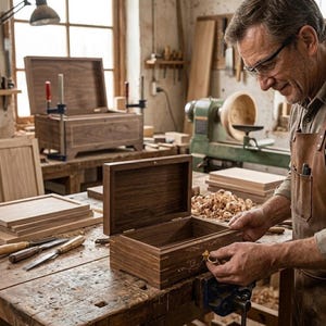 May include: A rectangular dark brown wooden box with a hinged lid, featuring light-colored decorative scrollwork on the front panel and a small gold-toned metal latch, resting on a workbench in a workshop setting.