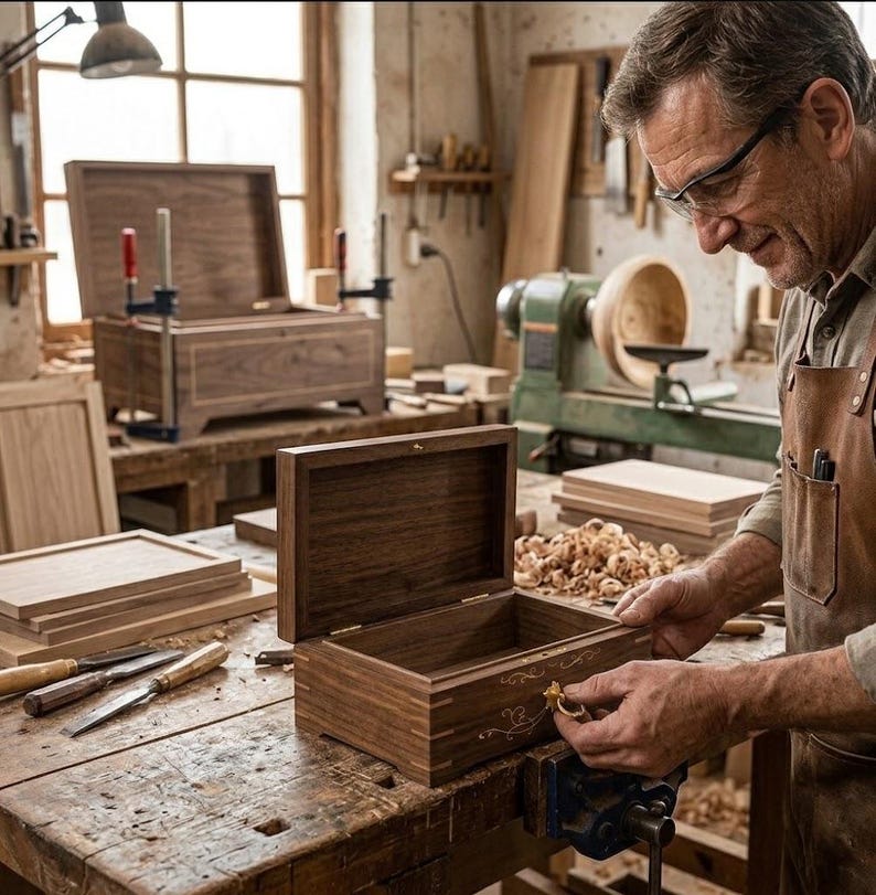 May include: A rectangular dark brown wooden box with a hinged lid, featuring light-colored decorative scrollwork on the front panel and a small gold-toned metal latch, resting on a workbench in a workshop setting.
