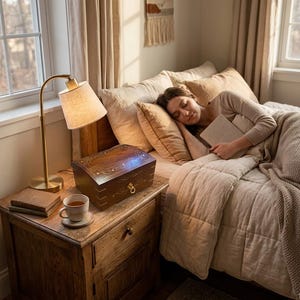 May include: A dark wooden rectangular box with a hinged lid, featuring intricate white floral inlay patterns and a gold-toned metal ring pull handle, resting on a wooden nightstand next to a brass lamp and a ceramic mug.