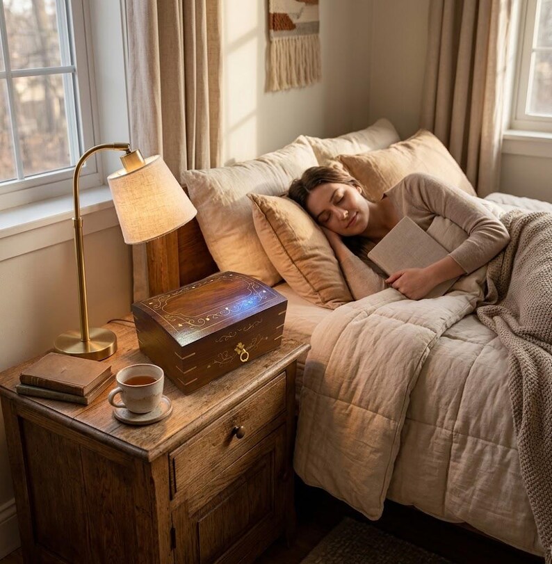 May include: A dark wooden rectangular box with a hinged lid, featuring intricate white floral inlay patterns and a gold-toned metal ring pull handle, resting on a wooden nightstand next to a brass lamp and a ceramic mug.