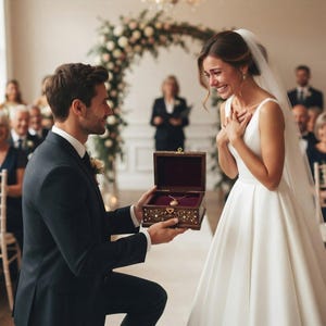 May include: A person in a dark suit kneels while holding an open, ornate wooden box containing a gold necklace toward a person wearing a white wedding dress and veil, who has hands clasped to their chest in a joyful, emotional expression.
