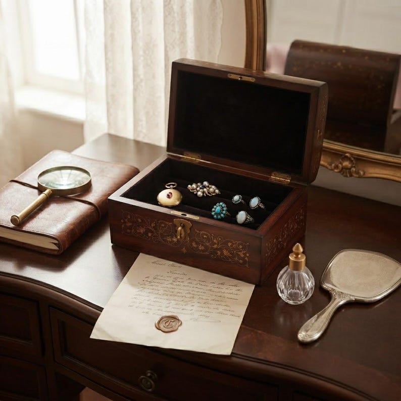 May include: A dark wood jewelry box with an open lid, featuring intricate floral inlay and a metal latch. Inside, the black velvet lining holds several rings and a gold pocket watch. Nearby are a leather-bound journal, a magnifying glass, a glass perfume bottle, a hand mirror, and a handwritten letter with a wax seal.