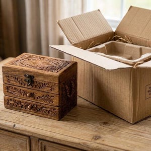 May include: A rectangular brown wooden chest with intricate floral carvings, a metal latch, and two drawers, positioned next to an open cardboard shipping box with molded pulp packaging and a label reading HANDCRAFTED WOODEN JEWELS CHEST - QTY: 1.