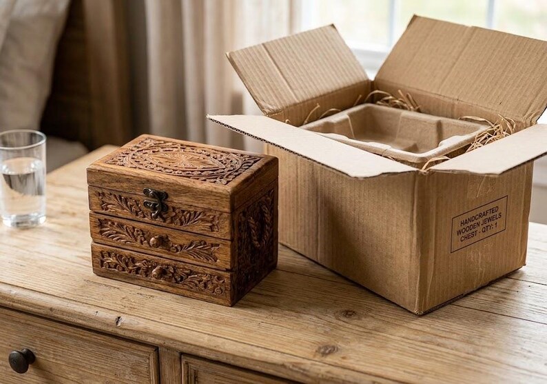 May include: A rectangular brown wooden chest with intricate floral carvings, a metal latch, and two drawers, positioned next to an open cardboard shipping box with molded pulp packaging and a label reading HANDCRAFTED WOODEN JEWELS CHEST - QTY: 1.