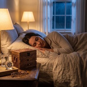 May include: A wooden three-drawer chest with intricate carvings sits on a nightstand next to a glass of water, a small round clock, and a pair of glasses. The chest features metal hardware and rope handles, providing a storage solution for small items.