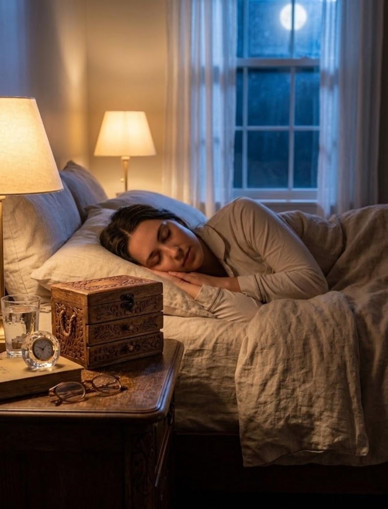 May include: A wooden three-drawer chest with intricate carvings sits on a nightstand next to a glass of water, a small round clock, and a pair of glasses. The chest features metal hardware and rope handles, providing a storage solution for small items.