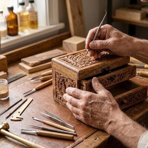 May include: A small wooden chest with two drawers featuring intricate carvings on the exterior. The chest is surrounded by various metal carving tools, a small brass hammer, a magnifying glass, and glass jars on a wooden workbench.